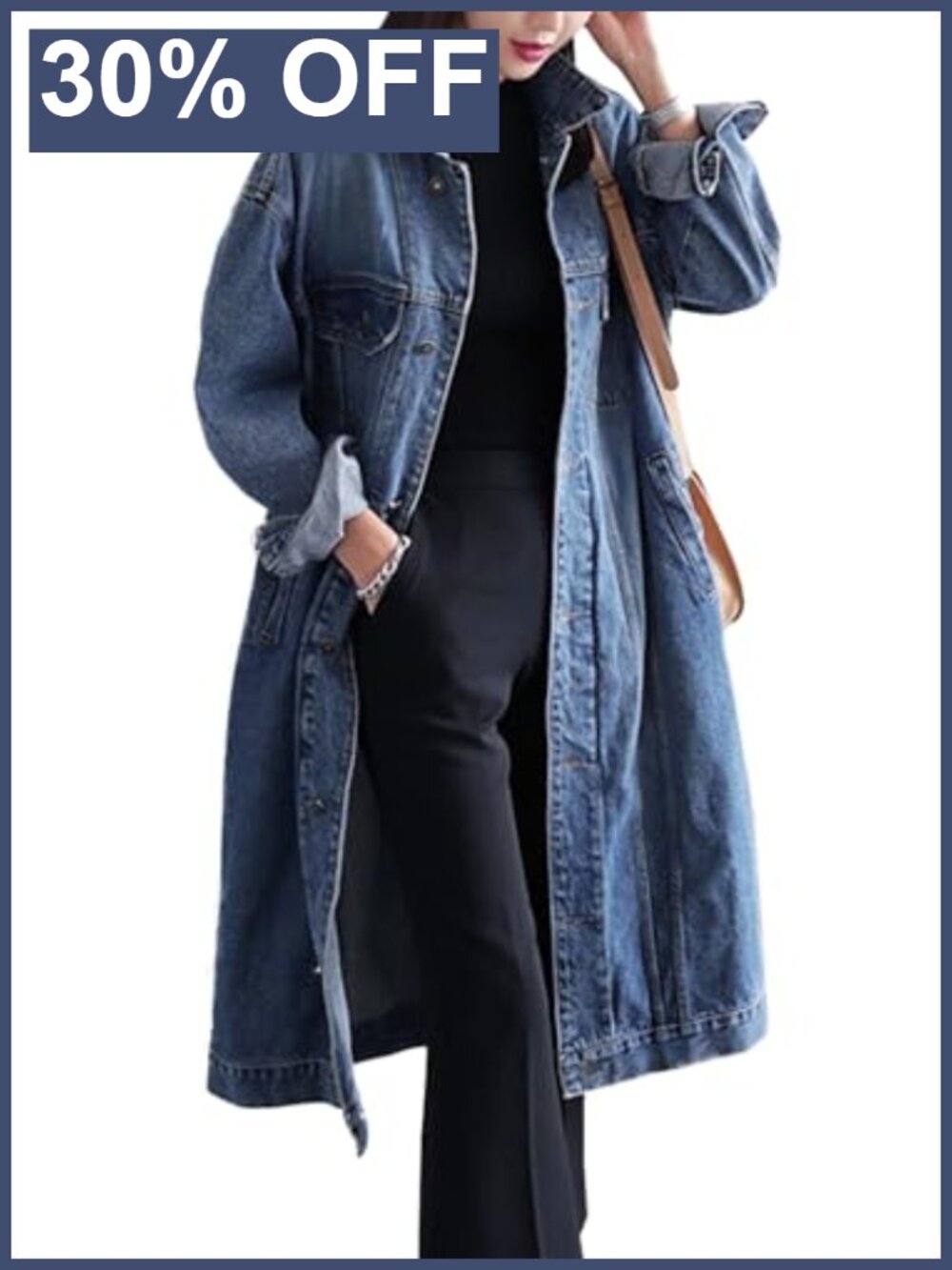Plus Size Denim Jacket Button Down Trench Coat Long Sleeve
